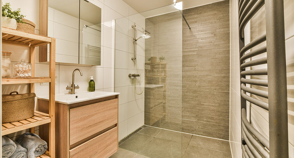 36 inch glass shower door in a modern bathroom