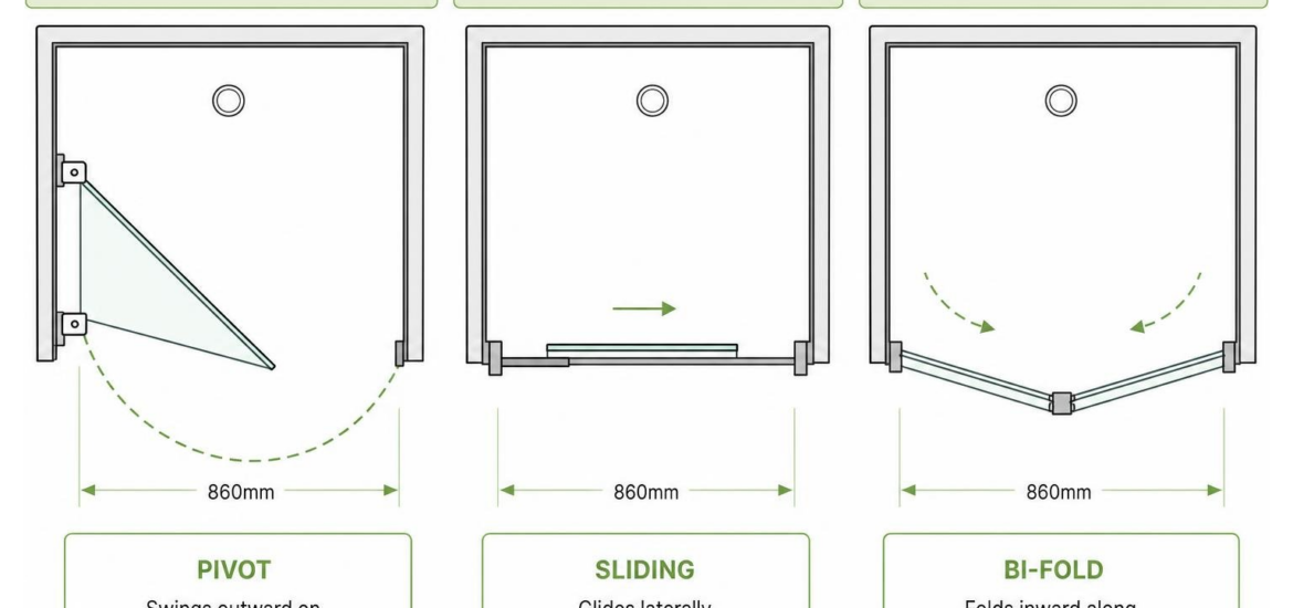 Comparison of shower enclosure opening mechanisms diagram