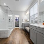 Spacious 2 person walk in shower spatial layout and clearance