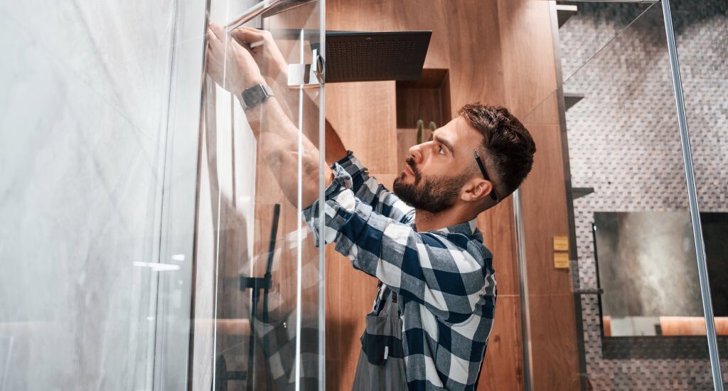 Technician marking wall bracket placements on tile