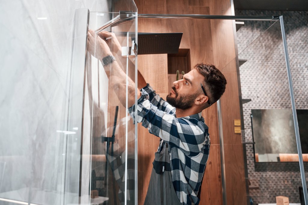 Technician marking wall bracket placements on tile